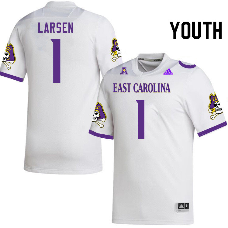 Youth #1 Luke Larsen ECU Pirates College Football Jerseys Stitched-White